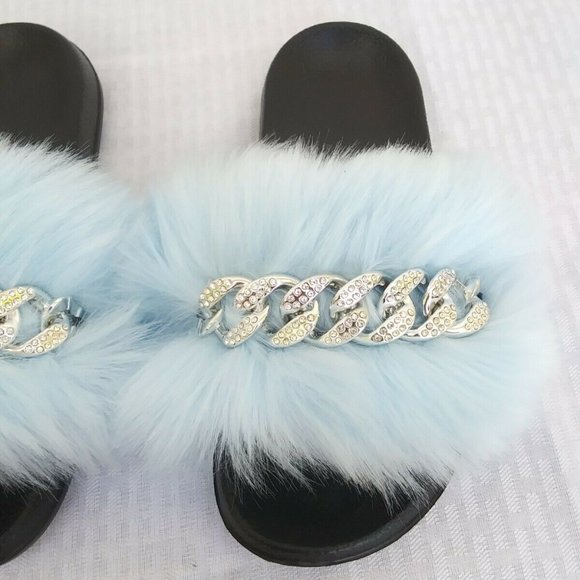 Light Blue Faux Fur Slides/Slippers/With Chain - Picture 3 of 5